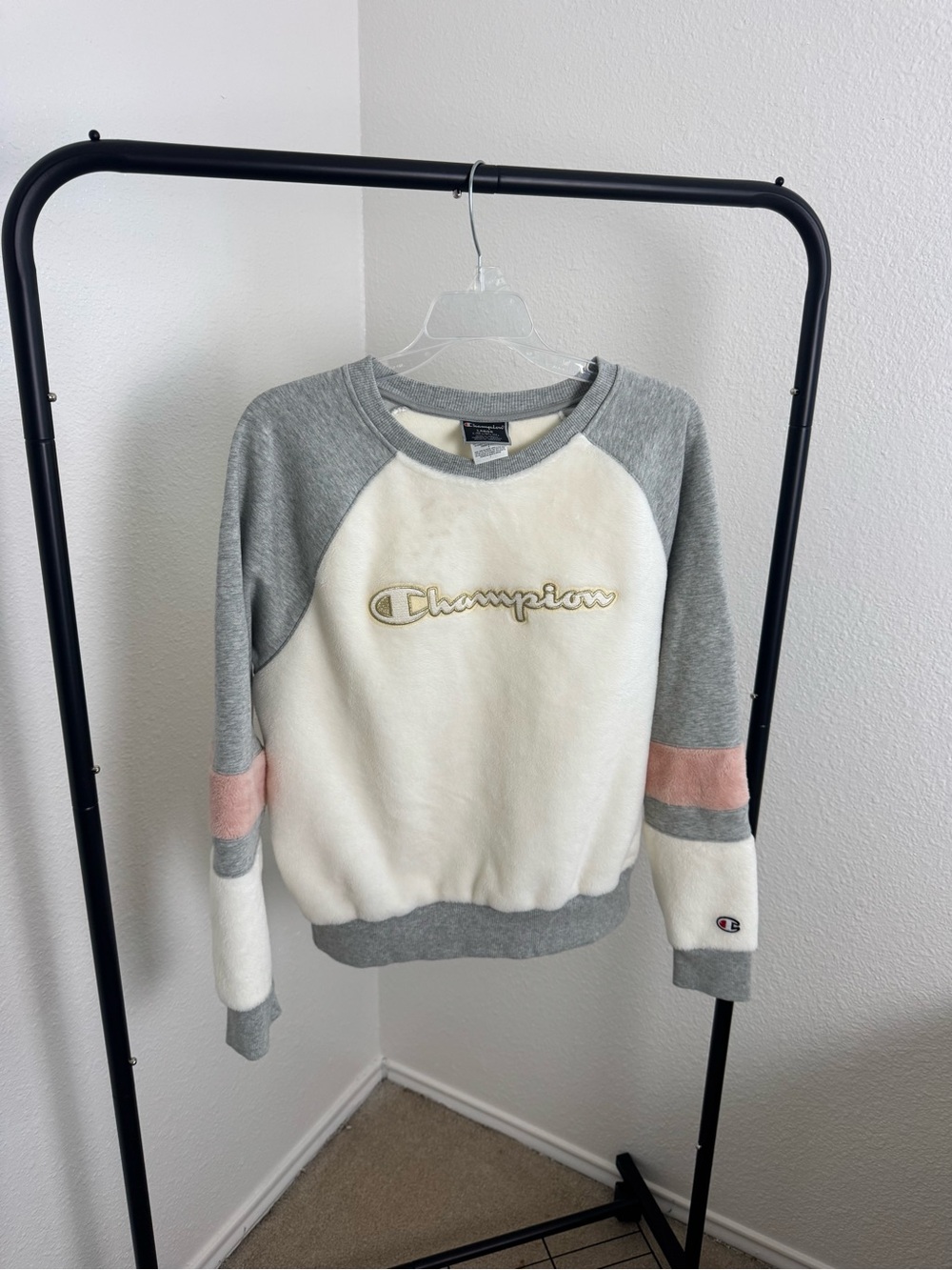 Champion Cream and Gray Fleece Crewneck with Pink Sleeve Stripe